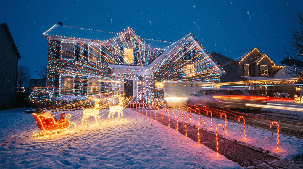 Stunning Christmas outdoor decoration with house covered in colorful twinkling lights, illuminated reindeer and sleigh display, snow-covered lawn, candy cane pathway lights, winter evening blue hour, neighborhood holiday spirit, long exposure photography capturing light trails, magical festive atmosphere, landscape composition