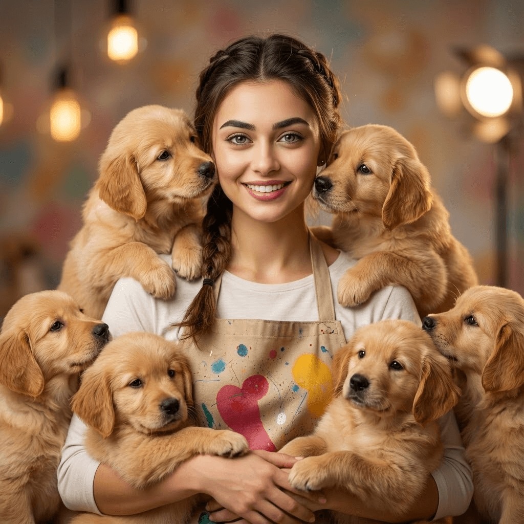 Ultra-realistic portrait photography, person surrounded by hyper-realistic golden retriever puppies, extremely detailed puppy fur texture, puppies climbing on shoulders and nestling near face, professional studio lighting, bokeh background, photorealistic details, soft warm tones, commercial photography quality, 8K ultra HD