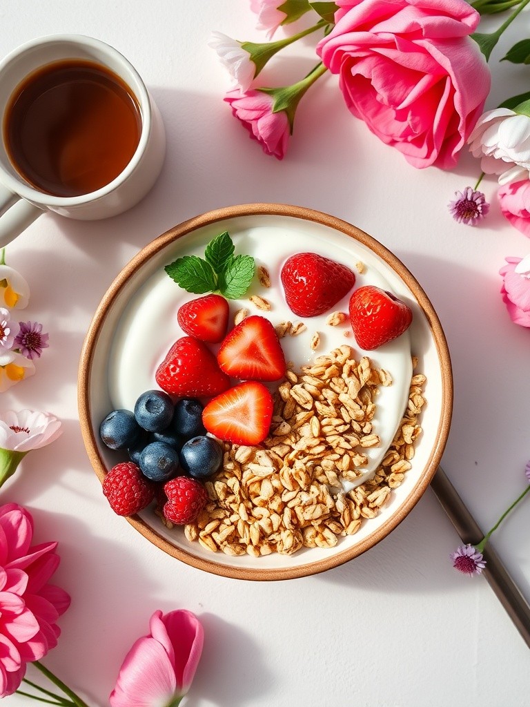 Instagram-worthy flat lay of healthy breakfast bowl with fresh berries, granola, and yogurt, surrounded by coffee cup and flowers, bright natural lighting, aesthetic food photography, vibrant colors